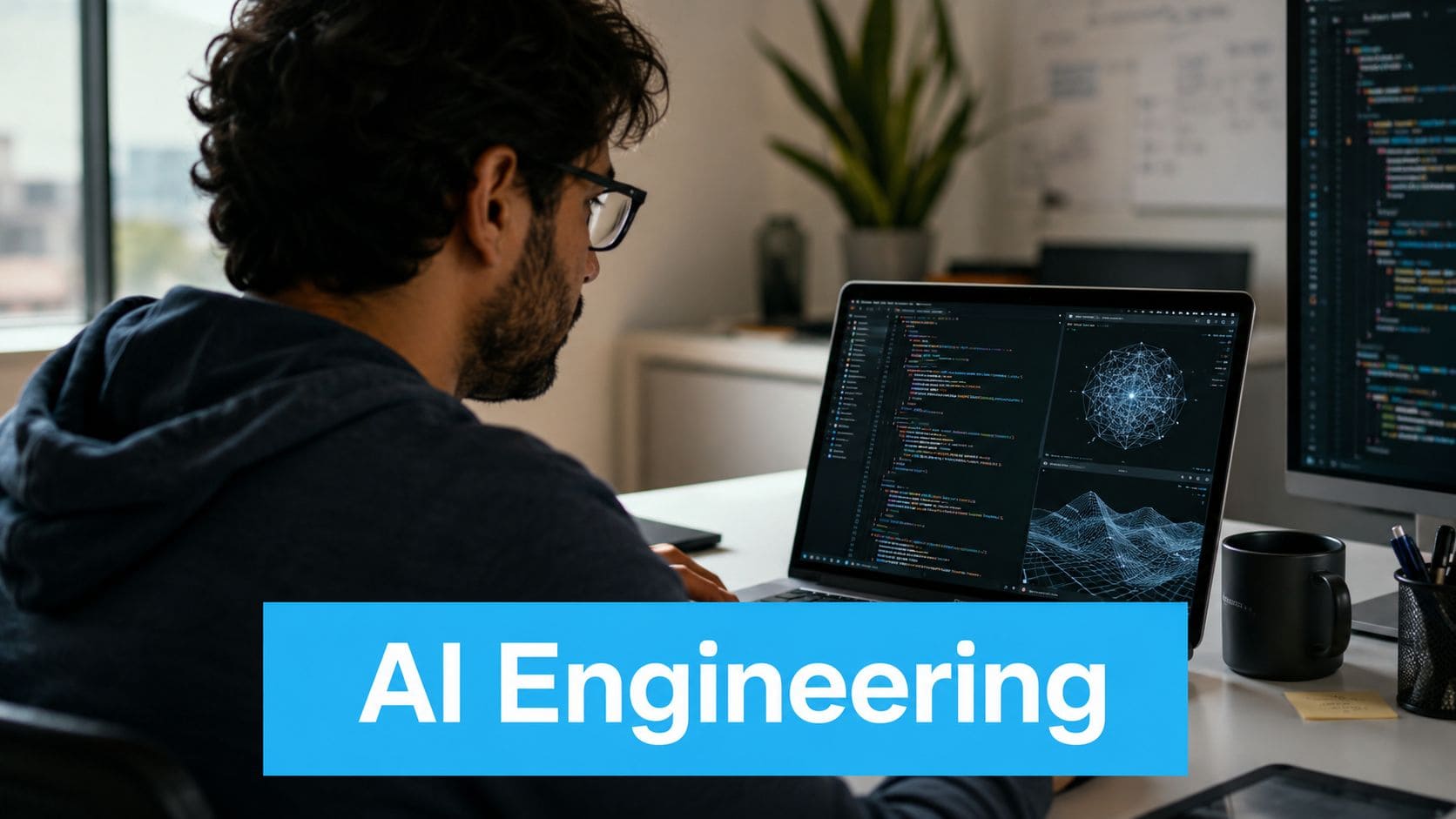 Software developer working on AI engineering code at a desk.
