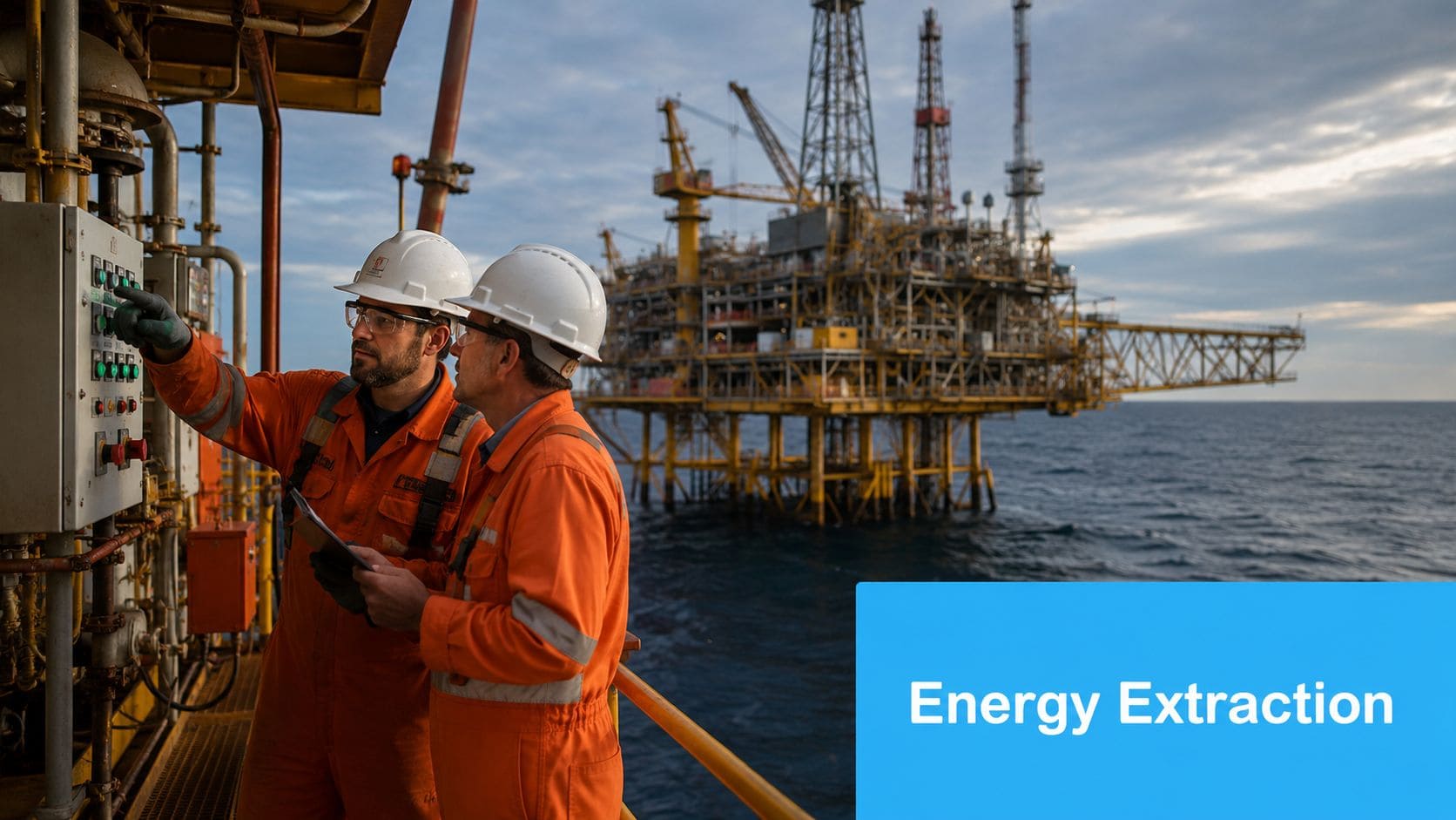 Offshore oil rig with engineers monitoring equipment at sea.