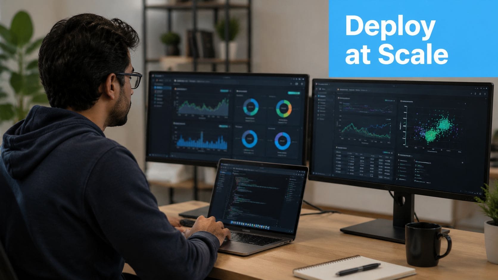 Data scientist working with multiple monitors displaying data analytics and visualizations.