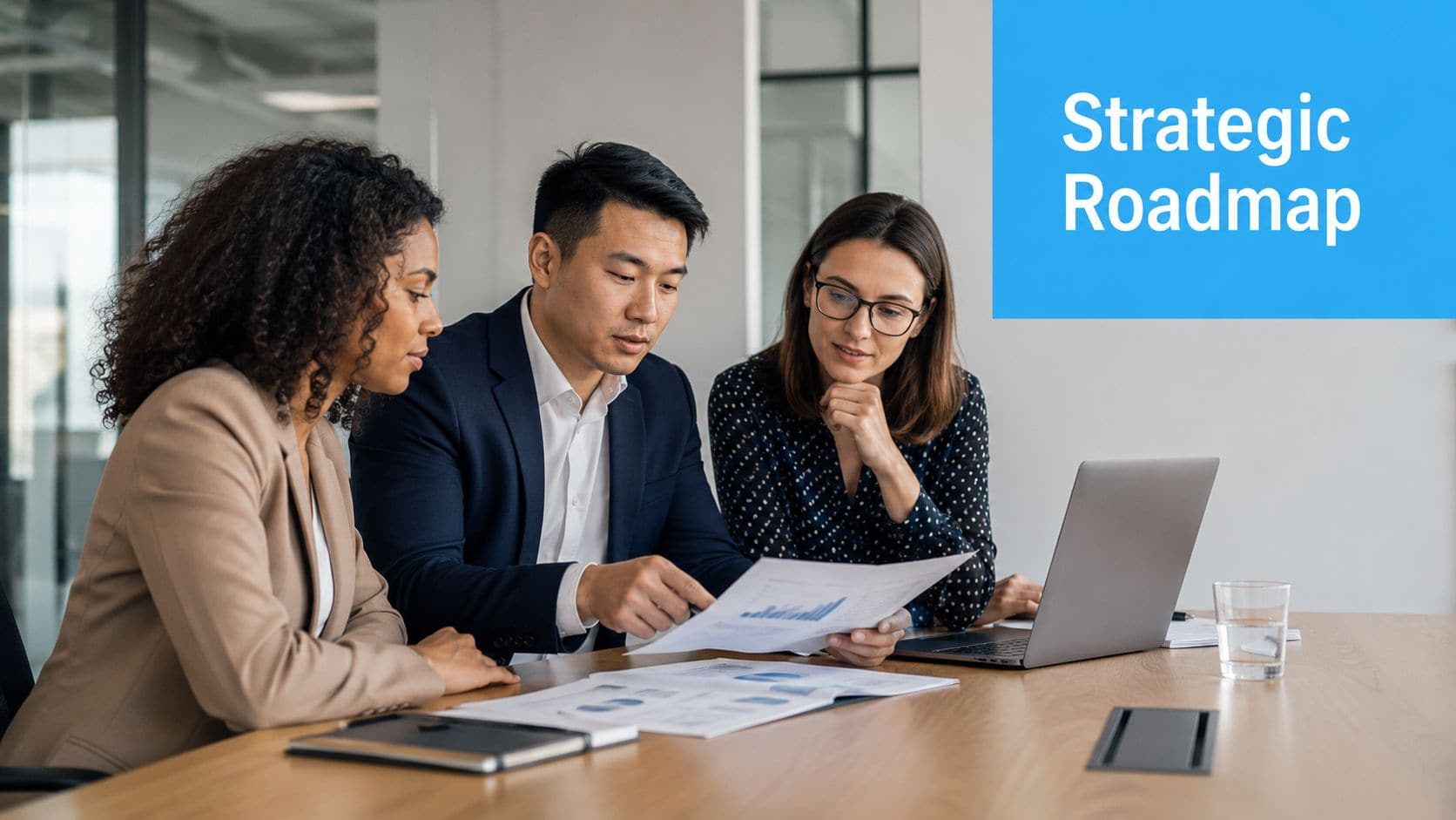 A professional team of consultants working together on a strategic roadmap document in a modern office.