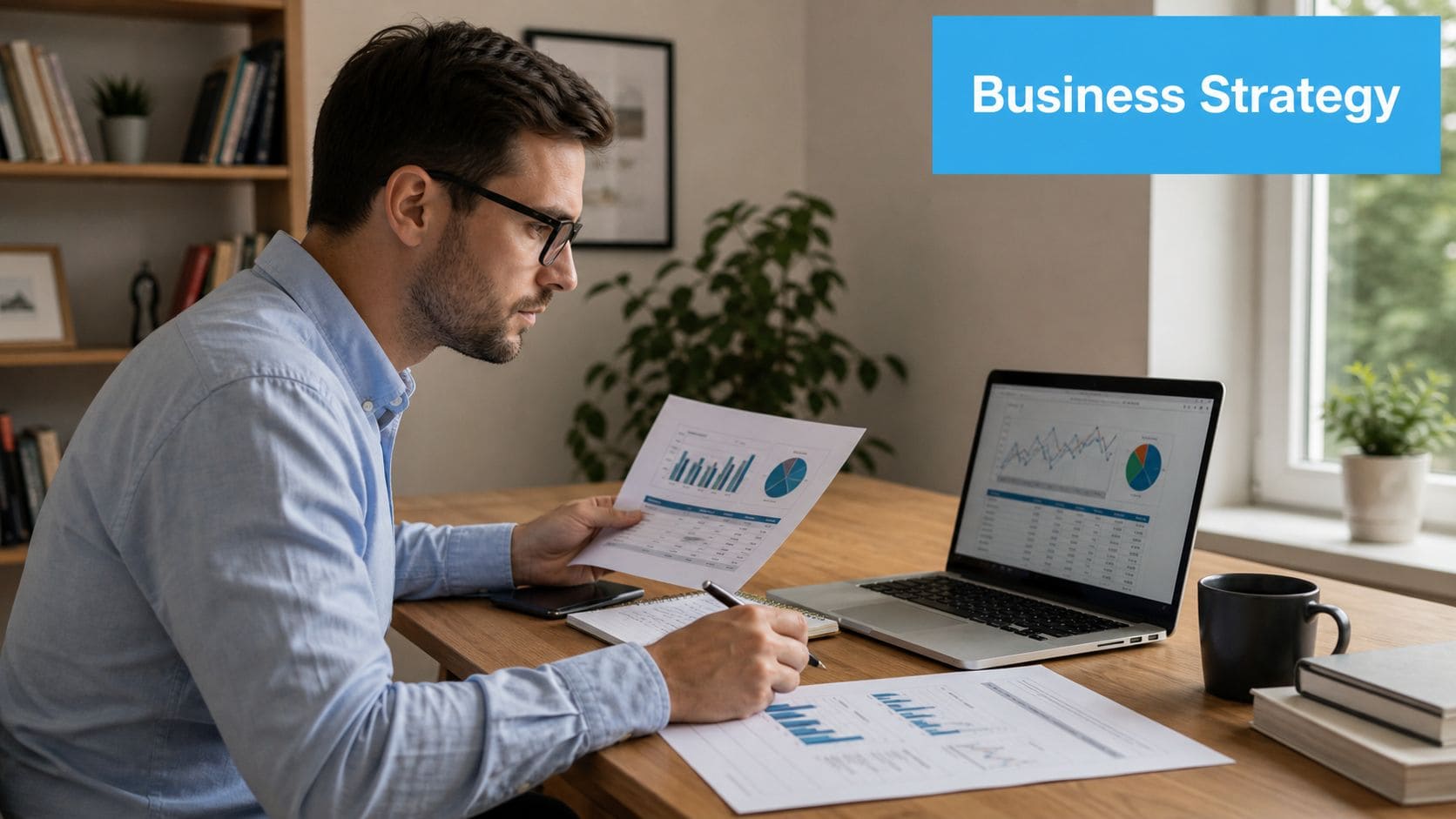 Man analyzing business strategy charts with laptop and documents.