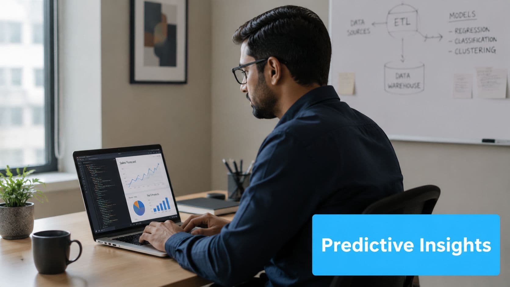 Business analyst working on data analysis with laptop and whiteboard.