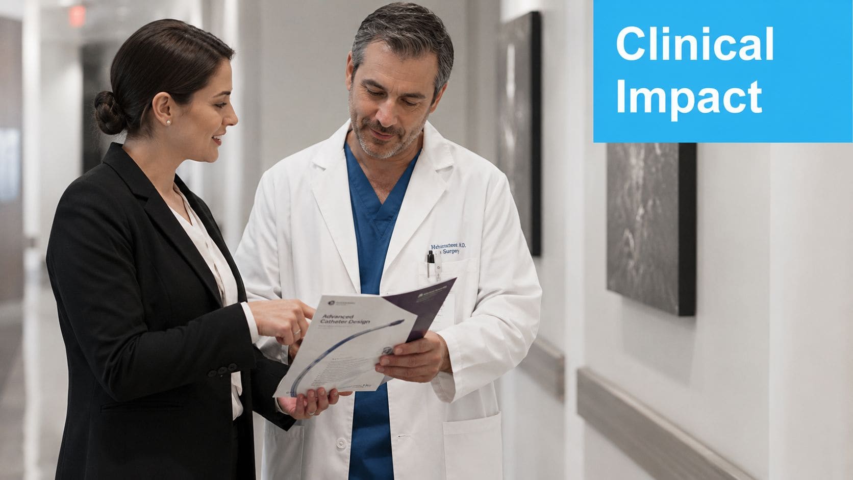A female sales representative showing medical documents about catheter design to a doctor in a hospital corridor.