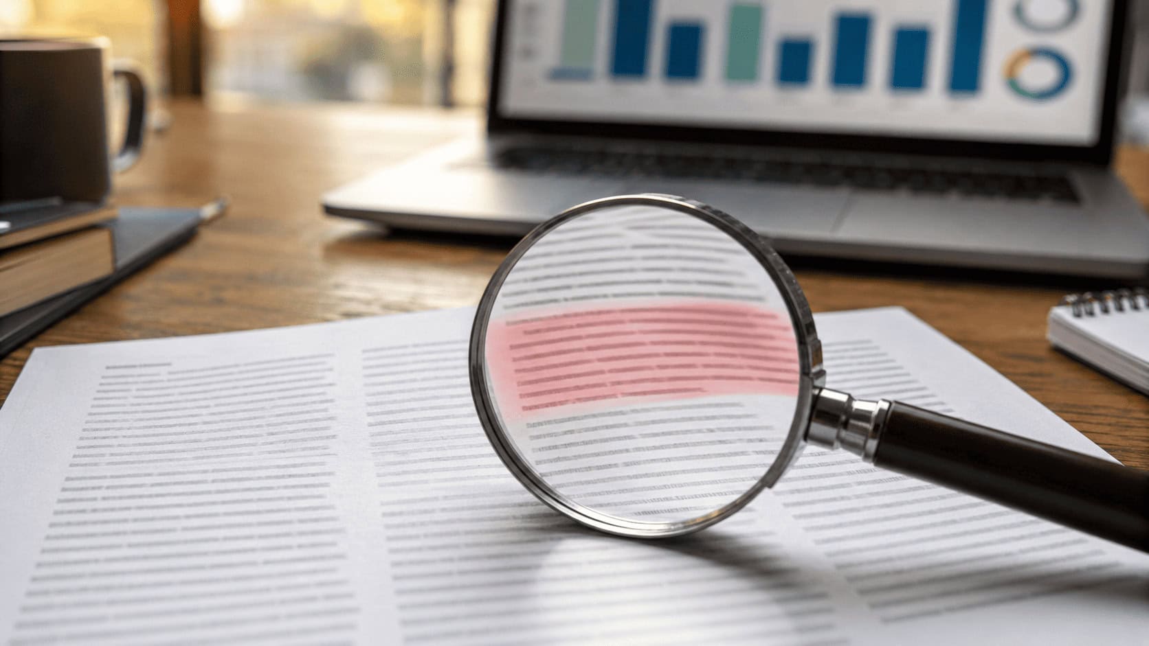 Magnifying glass held over a printed article page highlighting one paragraph in red, illustrating how AI content detectors scan text for machine-written writing.