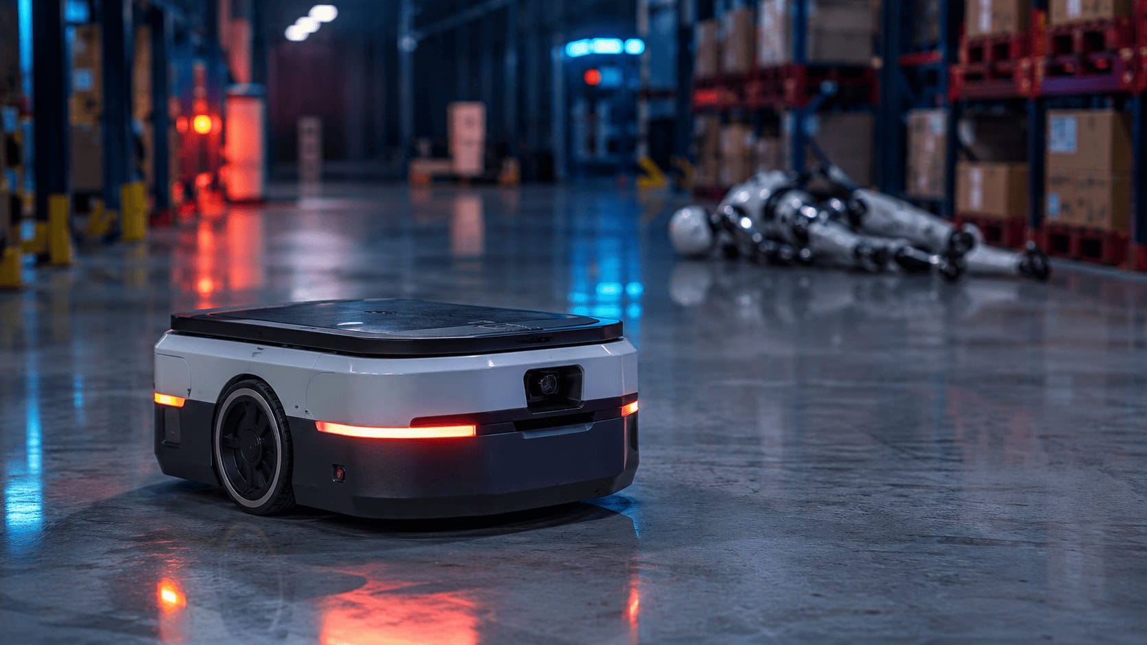 A wheeled industrial warehouse robot in sharp focus while a humanoid robot lies toppled in the blurred background, illustrating humanoid robots ROI versus industrial robots.