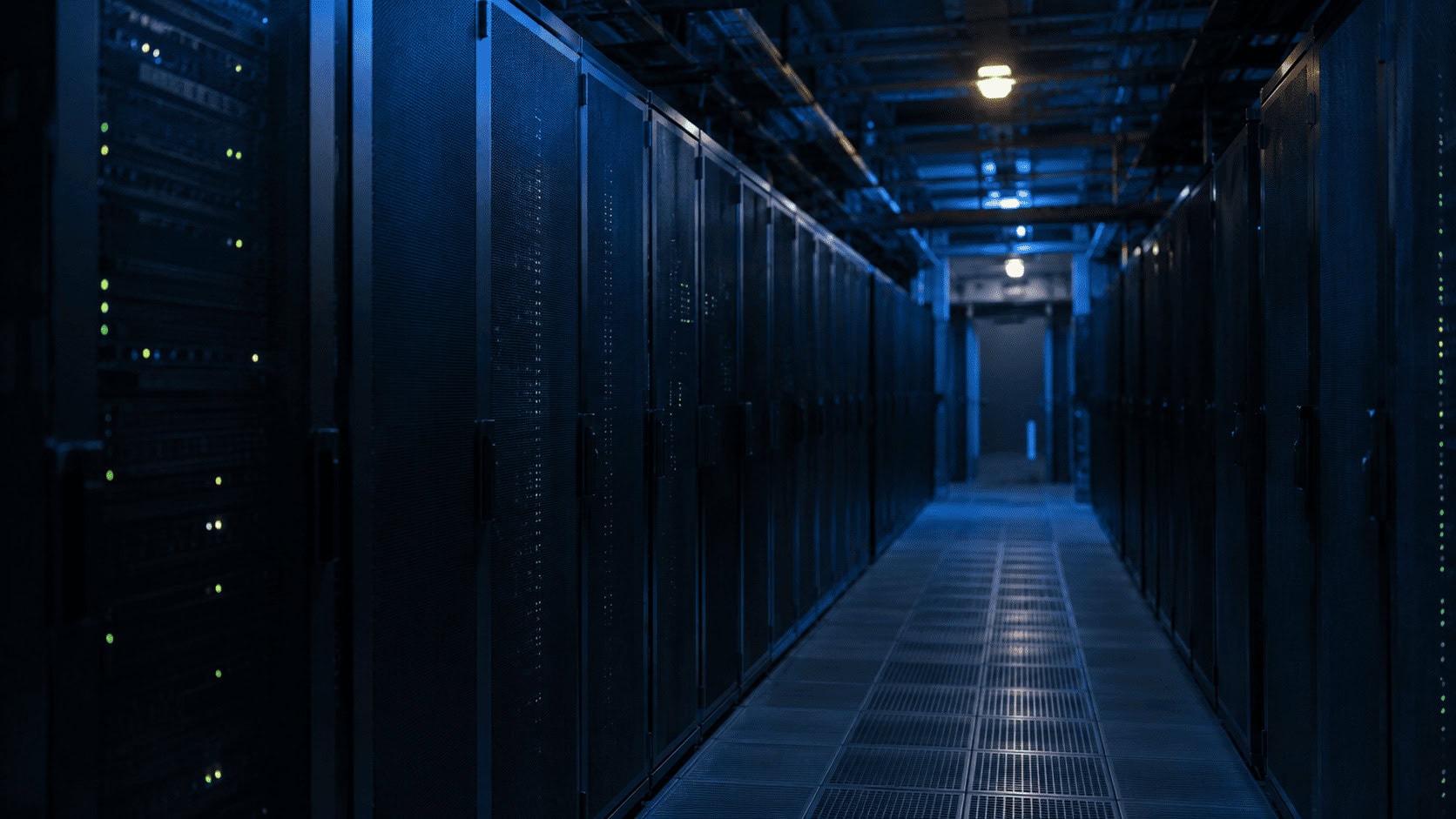 Rows of enterprise server racks in a data center, illustrating the IBM earnings warning caused by clients diverting budgets to memory and storage