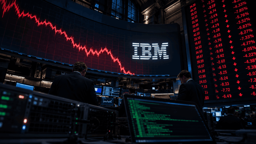 Stock-exchange trading floor with a large screen showing a plunging red IBM stock chart and the IBM logo, red ticker data on the wall, and server hardware in the foreground.