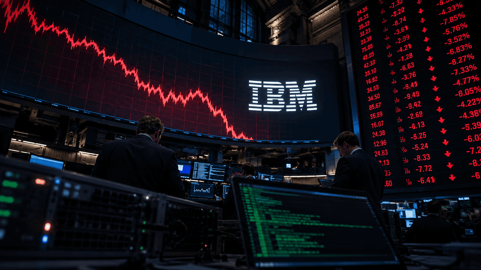 Stock-exchange trading floor with a large screen showing a plunging red IBM stock chart and the IBM logo, red ticker data on the wall, and server hardware in the foreground.