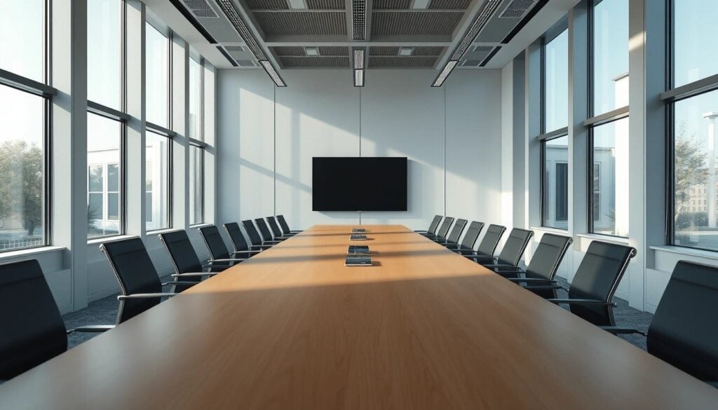 Modern conference room with large table and chairs, bright natural light.