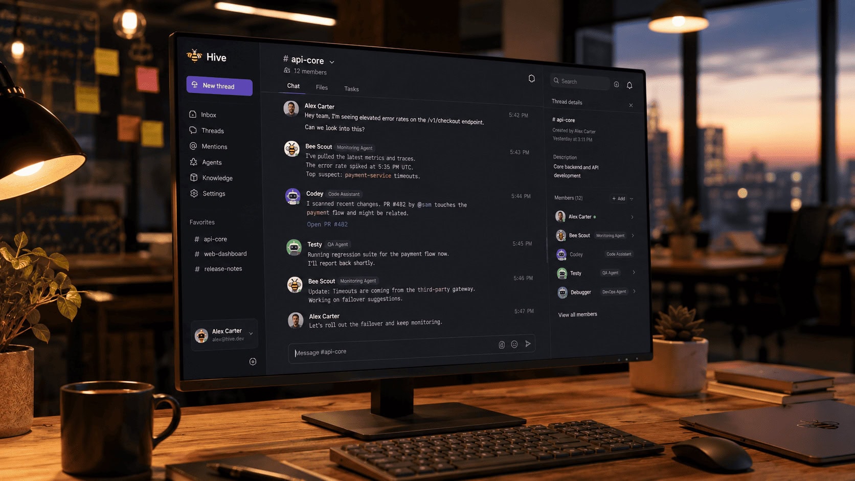 Split-screen team chat interfaces representing Buzz and Slack collaboration platforms