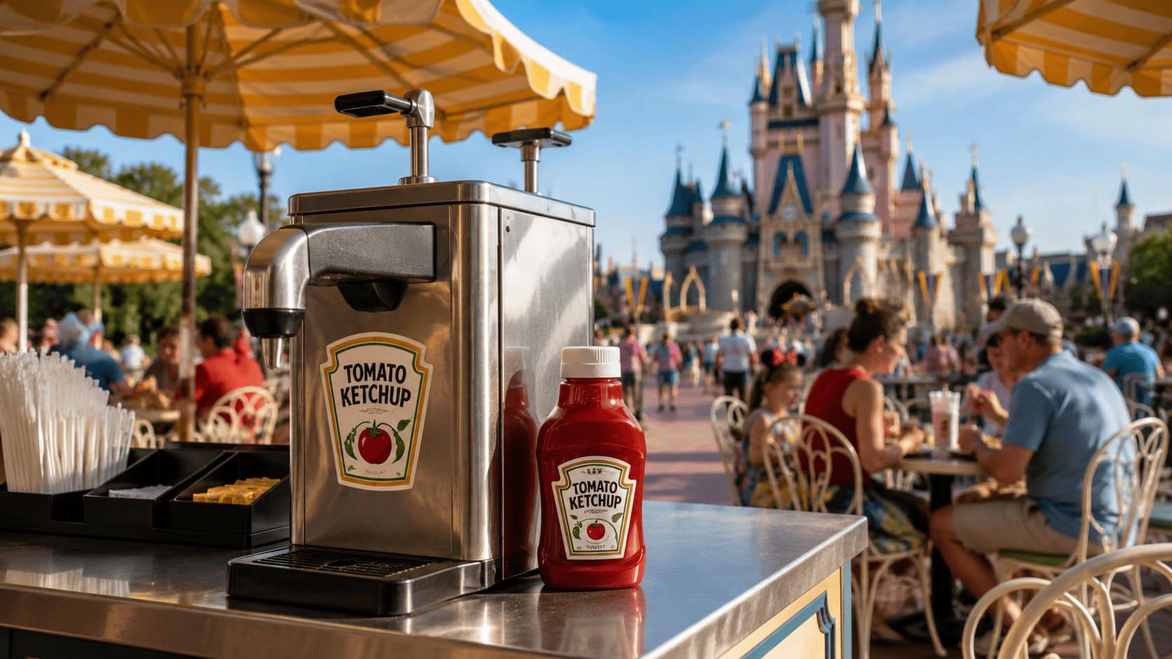 Heinz ketchup bottle and a stainless condiment dispenser on a Disney theme-park dining counter, with a castle and striped umbrellas in the background, illustrating the Kraft Heinz Disney partnership.