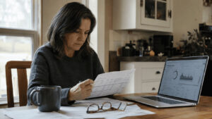 A retiree reviewing brokerage statements and a portfolio dashboard at a kitchen table, illustrating how much you need to live off dividends in 2026