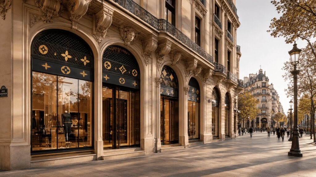 LVMH Louis Vuitton flagship storefront on a grand Paris avenue in warm afternoon light