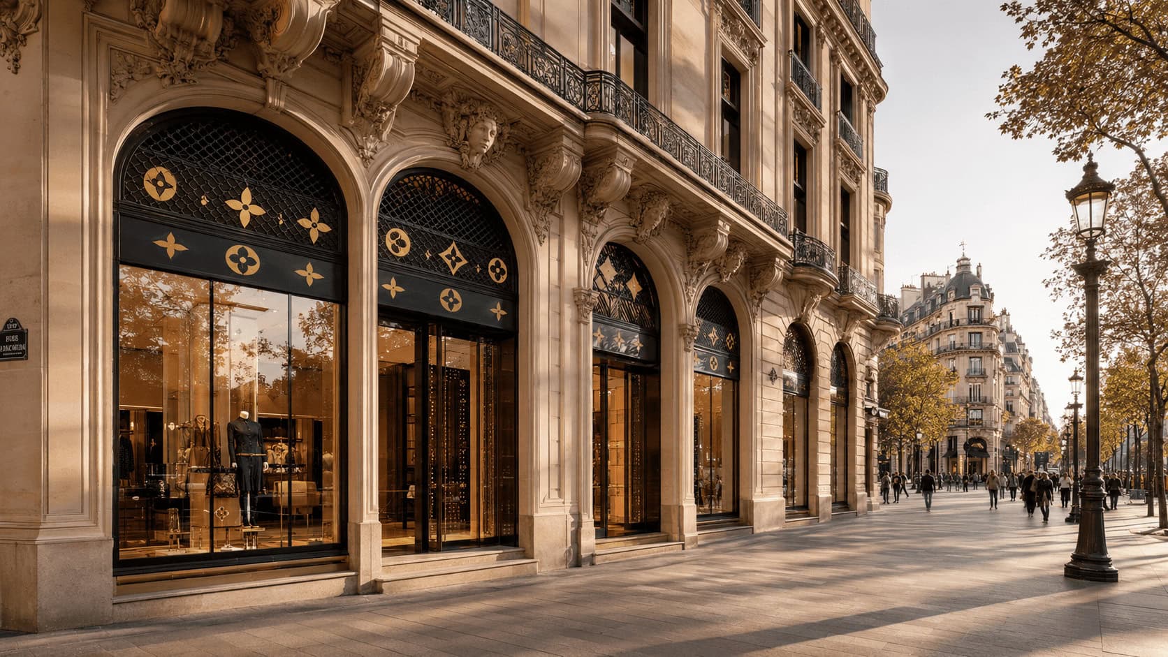LVMH Louis Vuitton flagship storefront on a grand Paris avenue in warm afternoon light