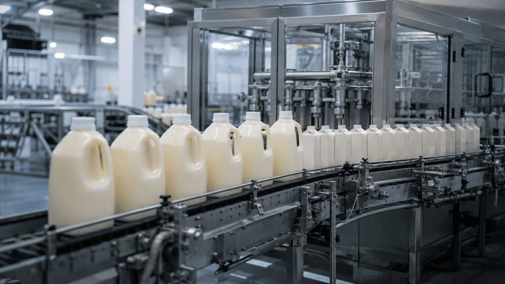 Aseptic filling line bottling beverage cartons at a Lyons Magnus style food ingredients manufacturing plant