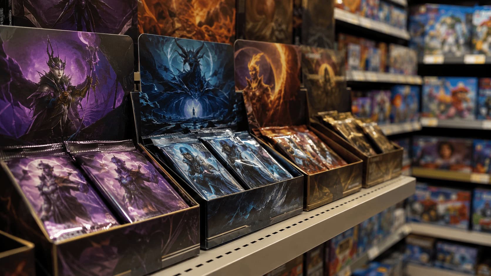 Retail store shelf stacked with Magic: The Gathering booster boxes in the foreground, with traditional Hasbro toy boxes blurred further down the aisle.