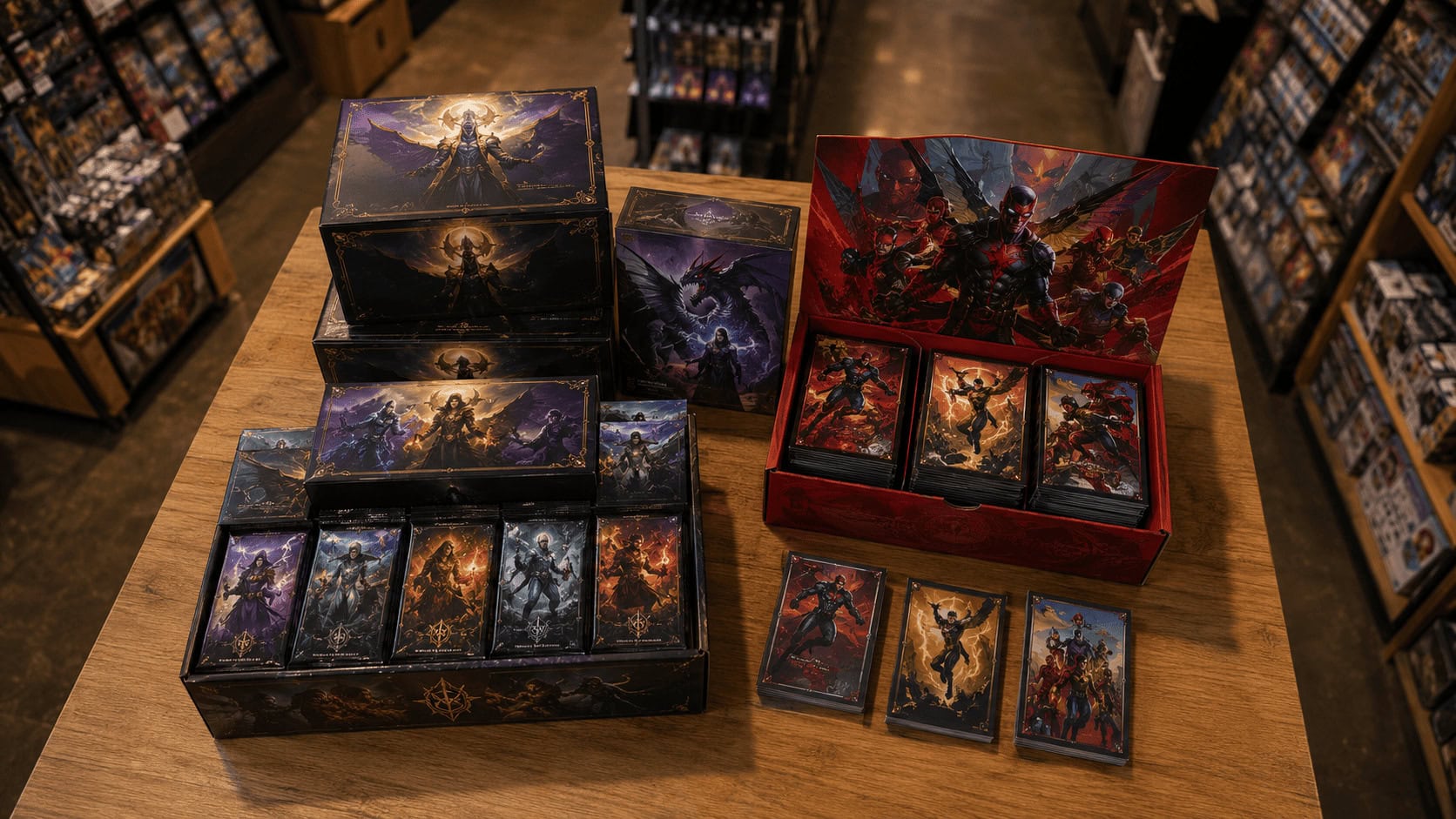 The Gathering booster boxes and a Marvel crossover display on a game store counter.