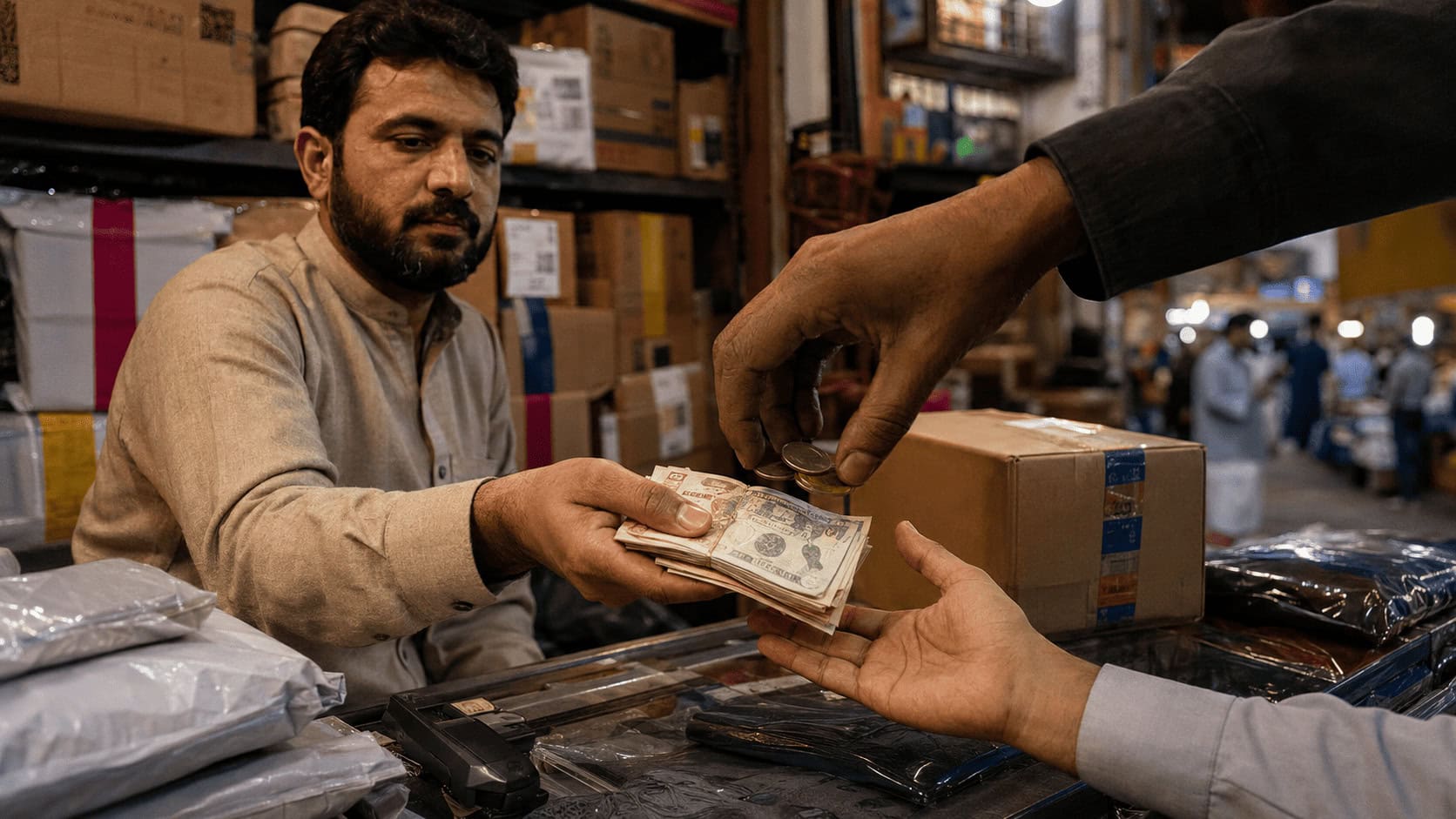Merchant handing over cash at a marketplace stall while an oversized hand skims coins off the top, illustrating marketplace take rate