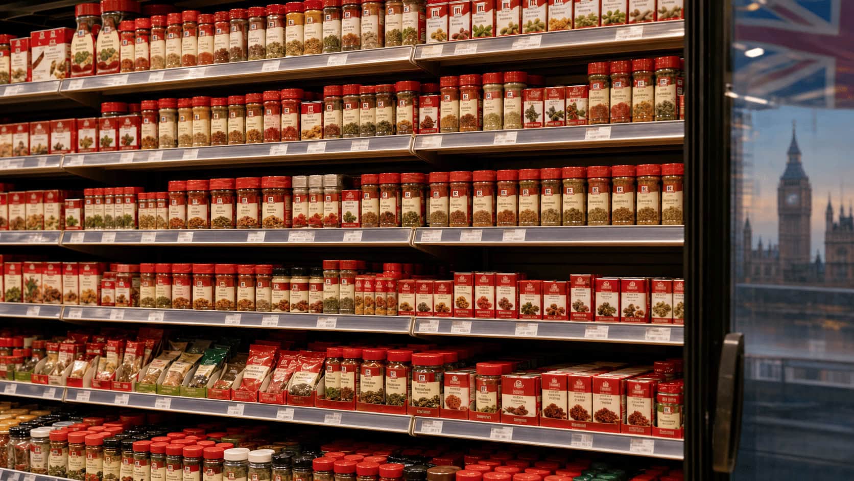 McCormick red spice tins on a supermarket shelf with a London skyline reflected in the aisle cooler, illustrating McCormick's planned London listing after its Unilever foods merger.