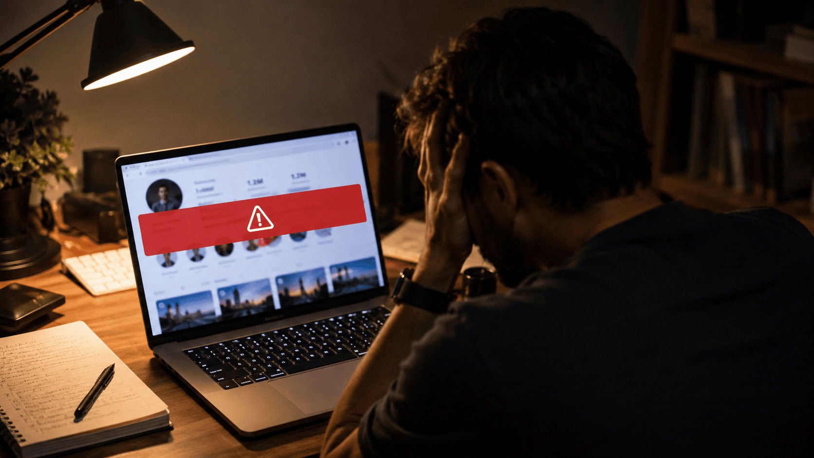 Person at a laptop at night viewing an Instagram business profile with a large follower count and a red account-suspension banner, illustrating Meta AI wrongful bans