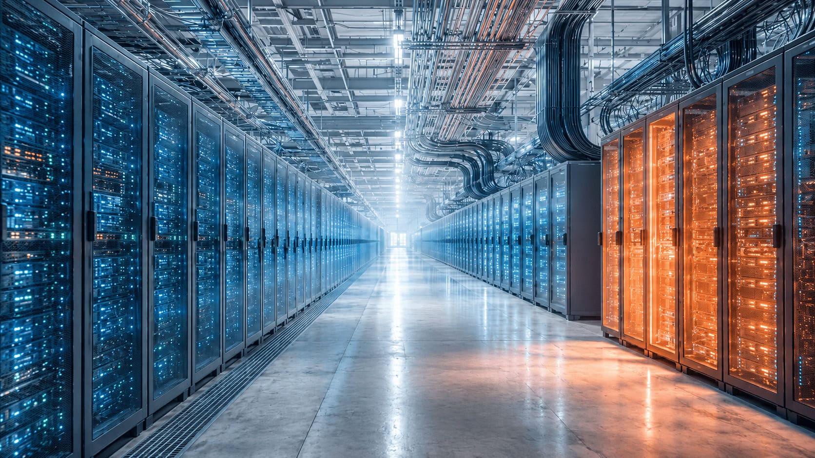 Interior of a large AI data center with long rows of glowing server racks, one section lit in warm orange to suggest surplus computing capacity.