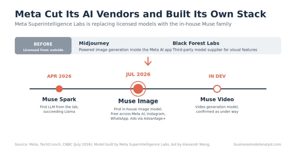 Meta's AI development timeline showing Muse Spark, Muse Image, and Muse Video.