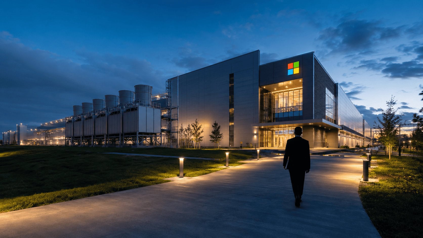 Microsoft Azure data center exterior at dusk representing the company's $15 billion capex accounting reclassification