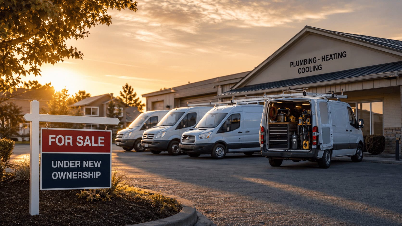 A row of small-business HVAC and plumbing service vans parked outside a suburban shop under new ownership.