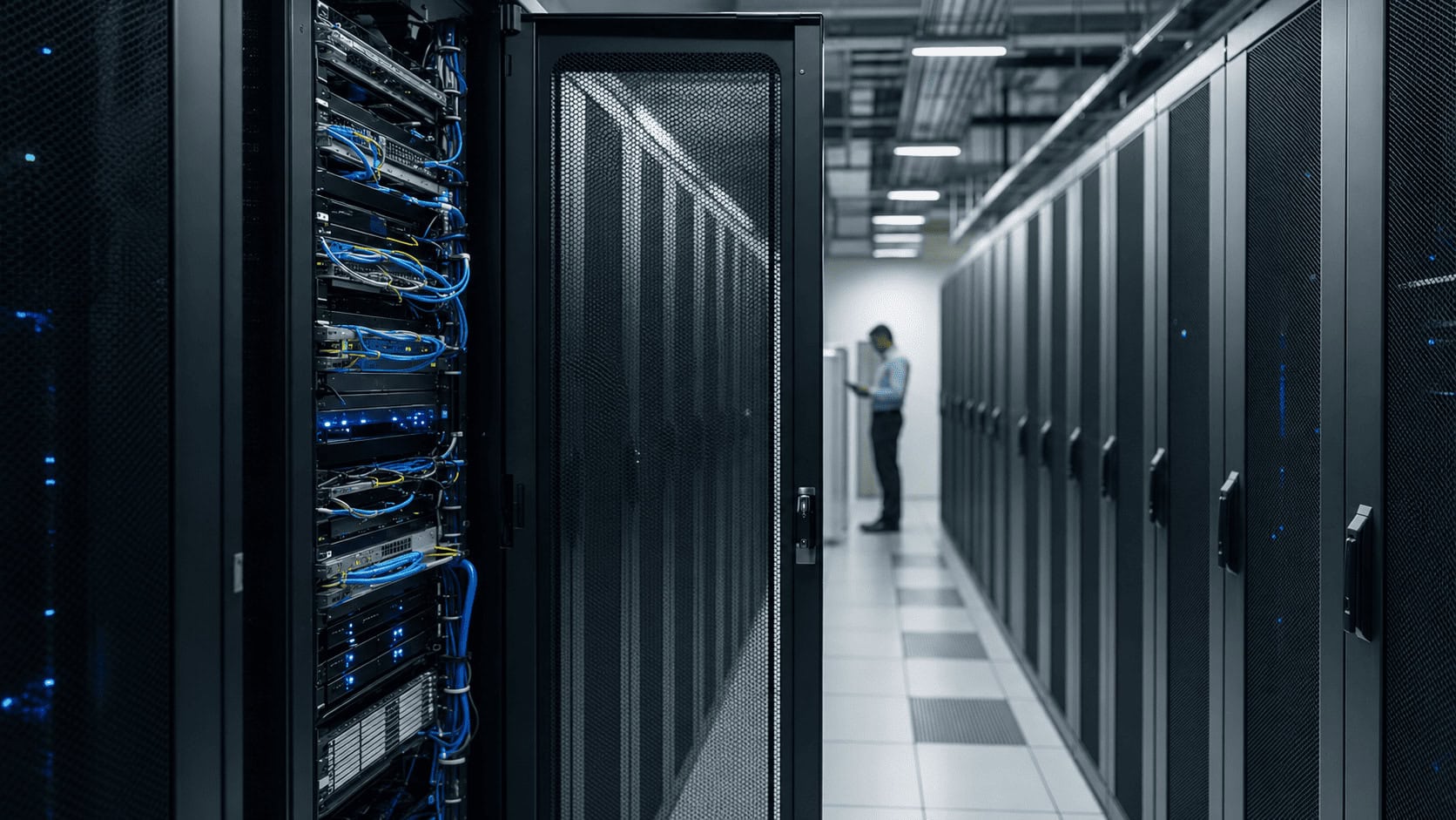 Enterprise data center aisle with an open server rack as a business user reviews AI infrastructure on a tablet