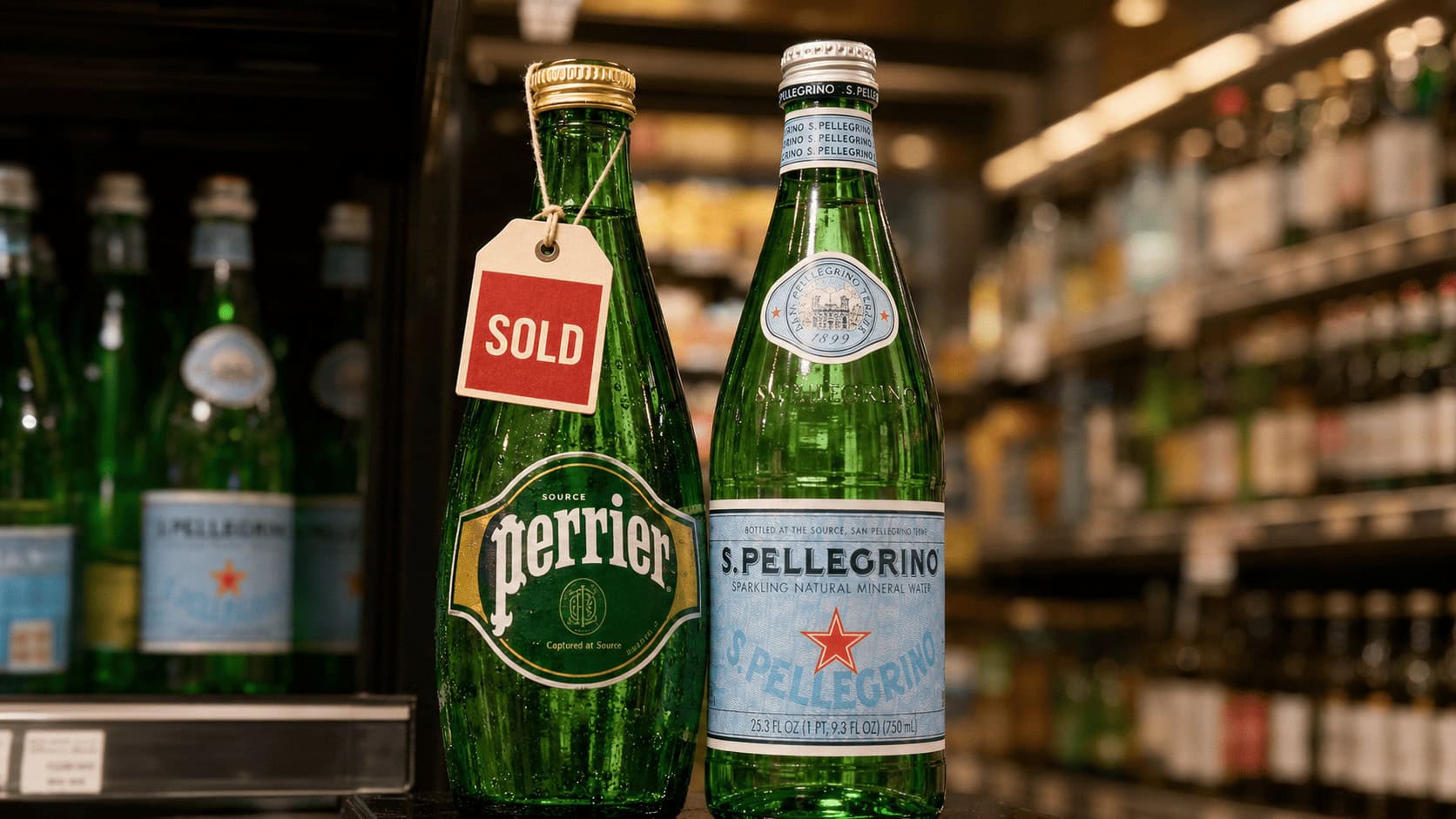 Perrier and San Pellegrino bottles on a supermarket shelf, representing Nestlé's sale of half its water business to Platinum Equity in the $5.6 billion Peranel joint venture.