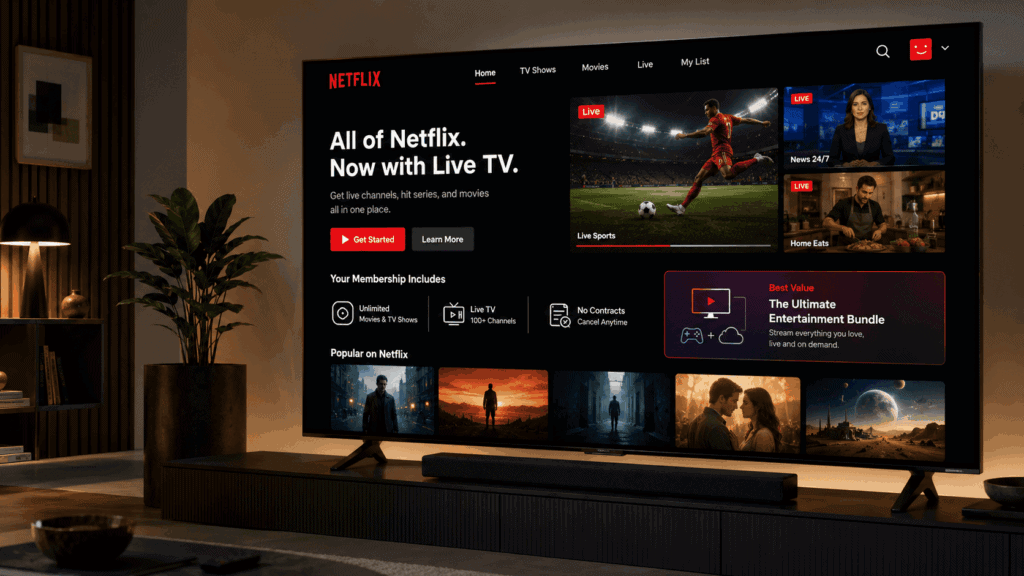 Netflix home screen on a television, illustrating its live channels and bundle strategy