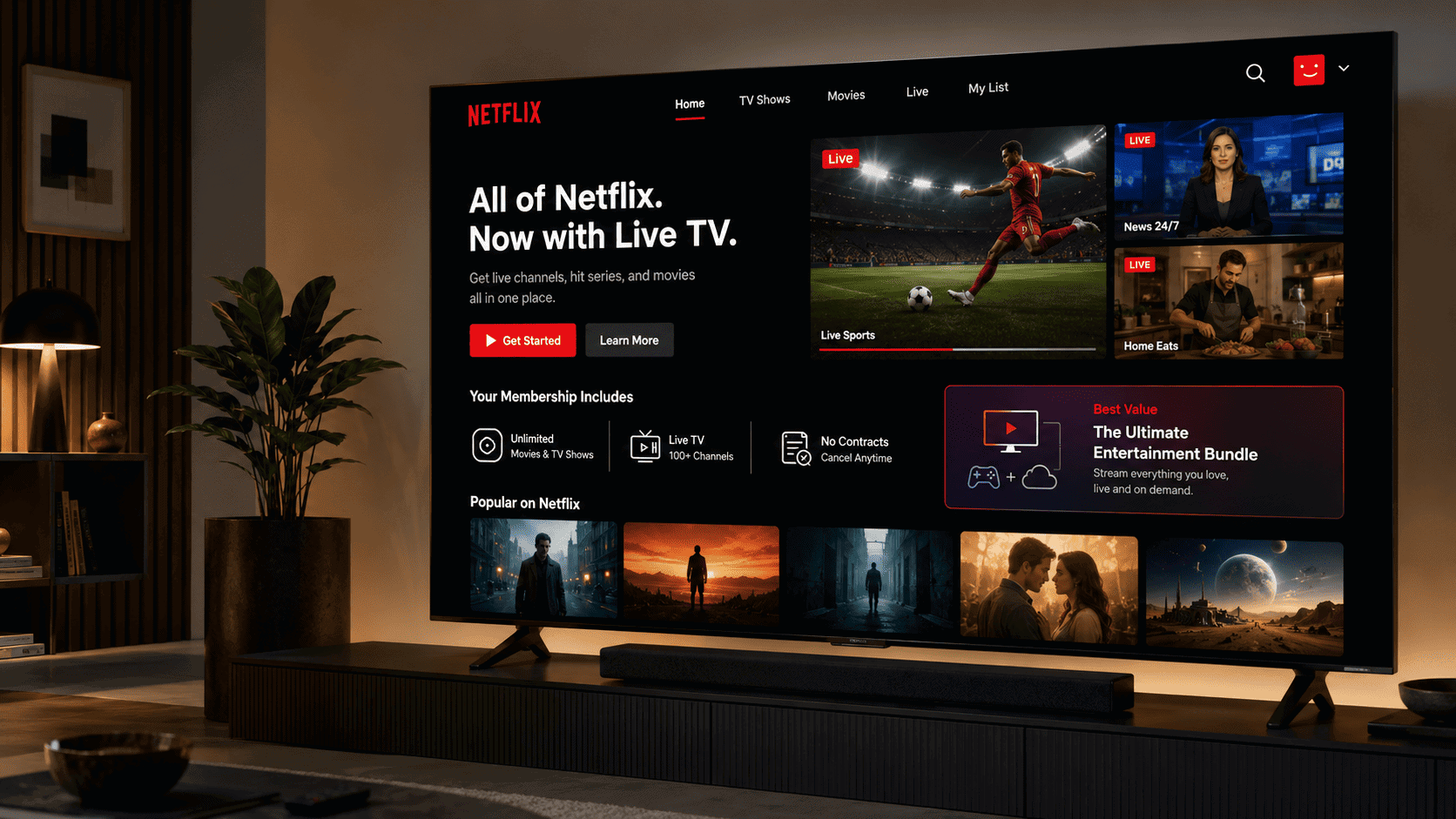 Netflix home screen on a television, illustrating its live channels and bundle strategy
