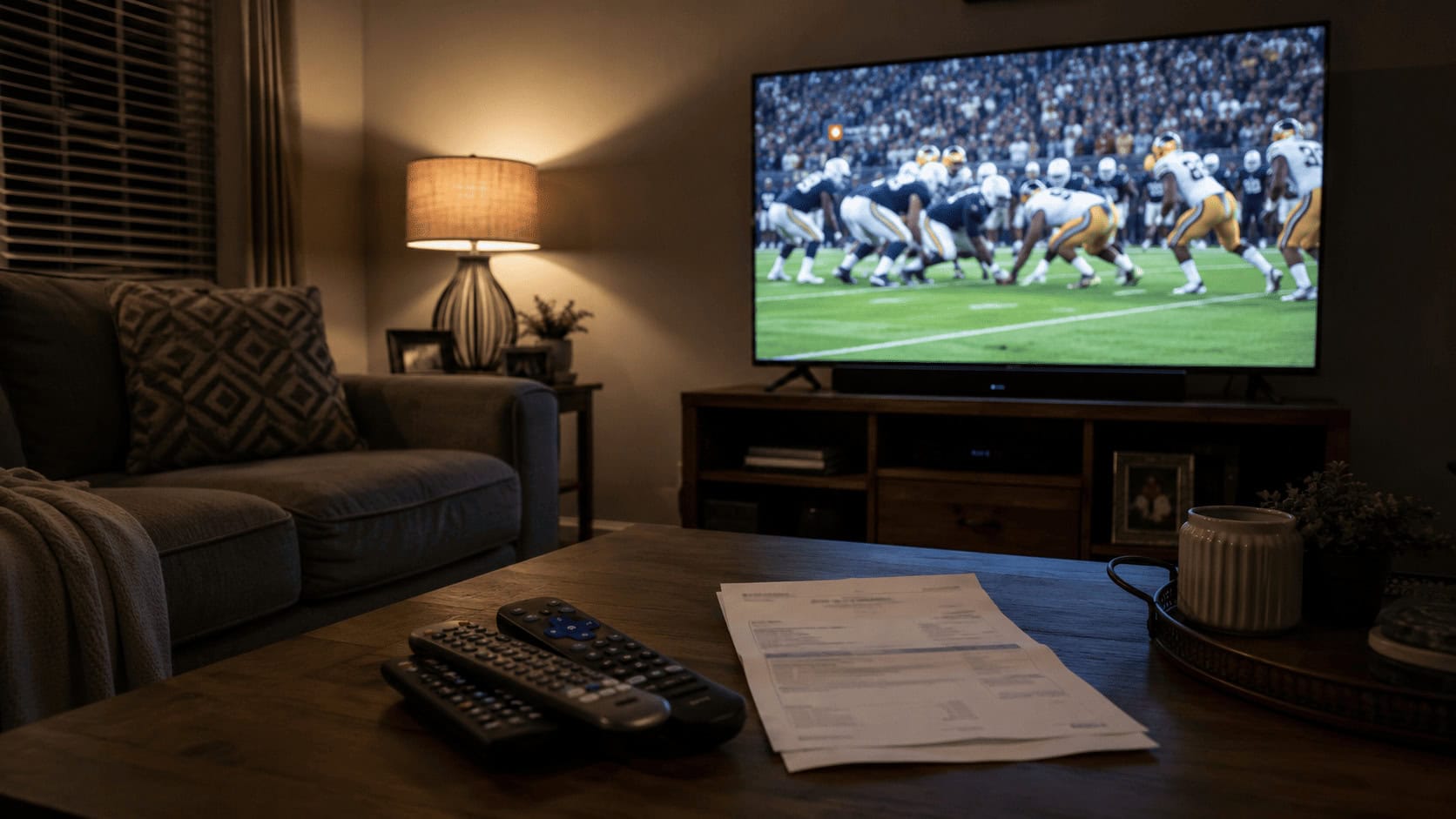 A darkened living room with a paused football game on TV and multiple streaming remotes on the table."