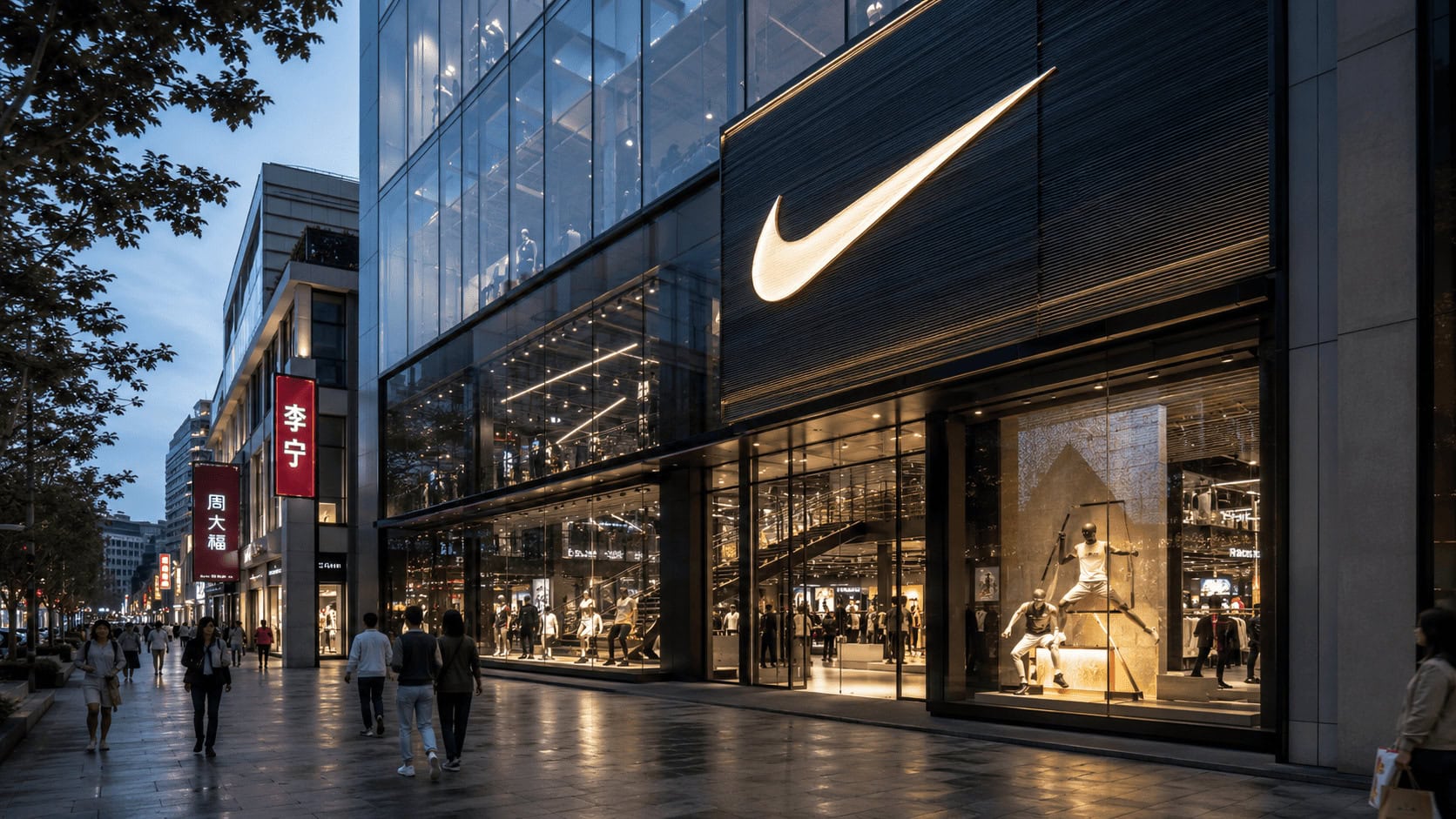 Nike flagship store with illuminated Swoosh signage on a busy Shanghai shopping street at dusk.