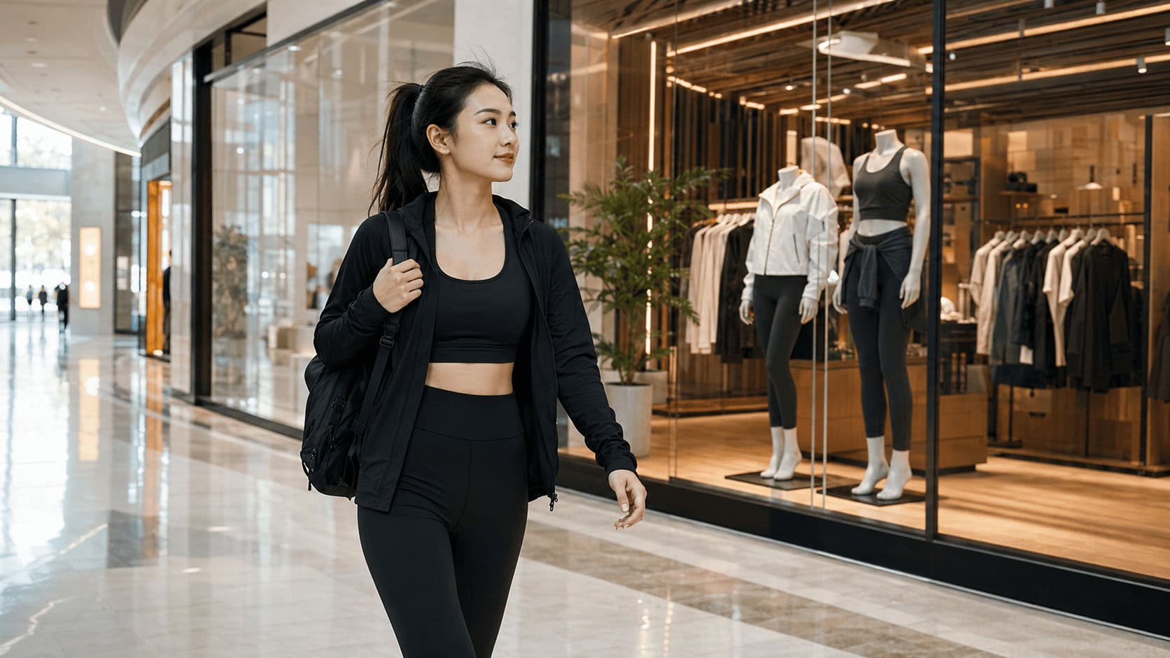 Chinese shopper in premium black activewear walking past a modern athletic-apparel flagship store in a Shanghai mall.