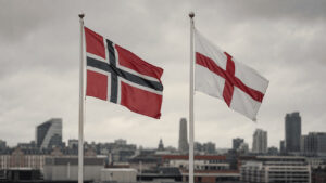 Split illustration contrasting Norway's oil-funded sovereign wealth vault with England's London financial skyline, divided by a football at center.