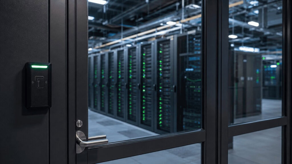 Secured glass door with badge reader in front of rows of GPU server racks in an AI data center.