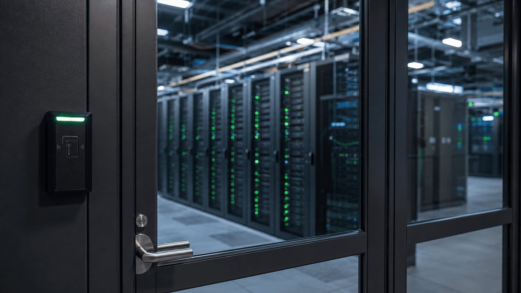 Secured glass door with badge reader in front of rows of GPU server racks in an AI data center.