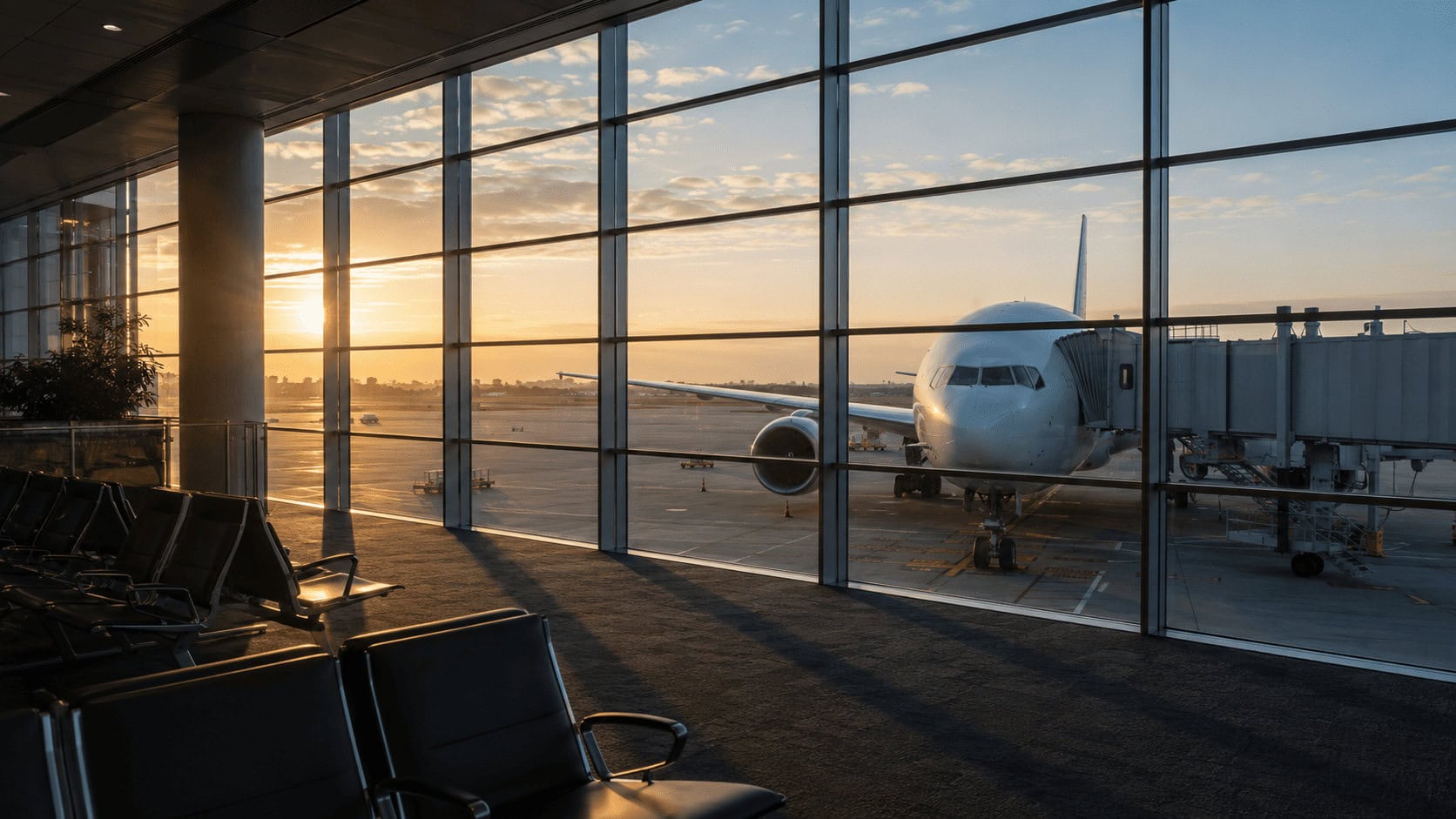 Wide-body jet at a quiet European airport gate at dawn in the off-season.