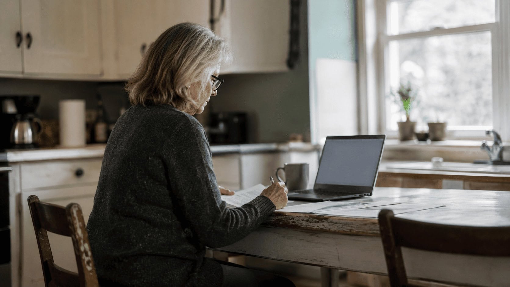 Older woman reviewing student loan paperwork and bills at a kitchen table