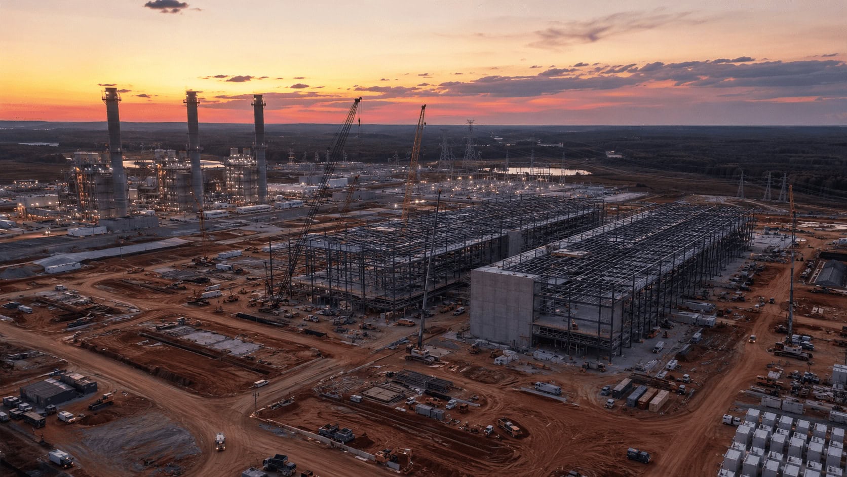 OpenAI data center construction site with gas turbines and power infrastructure