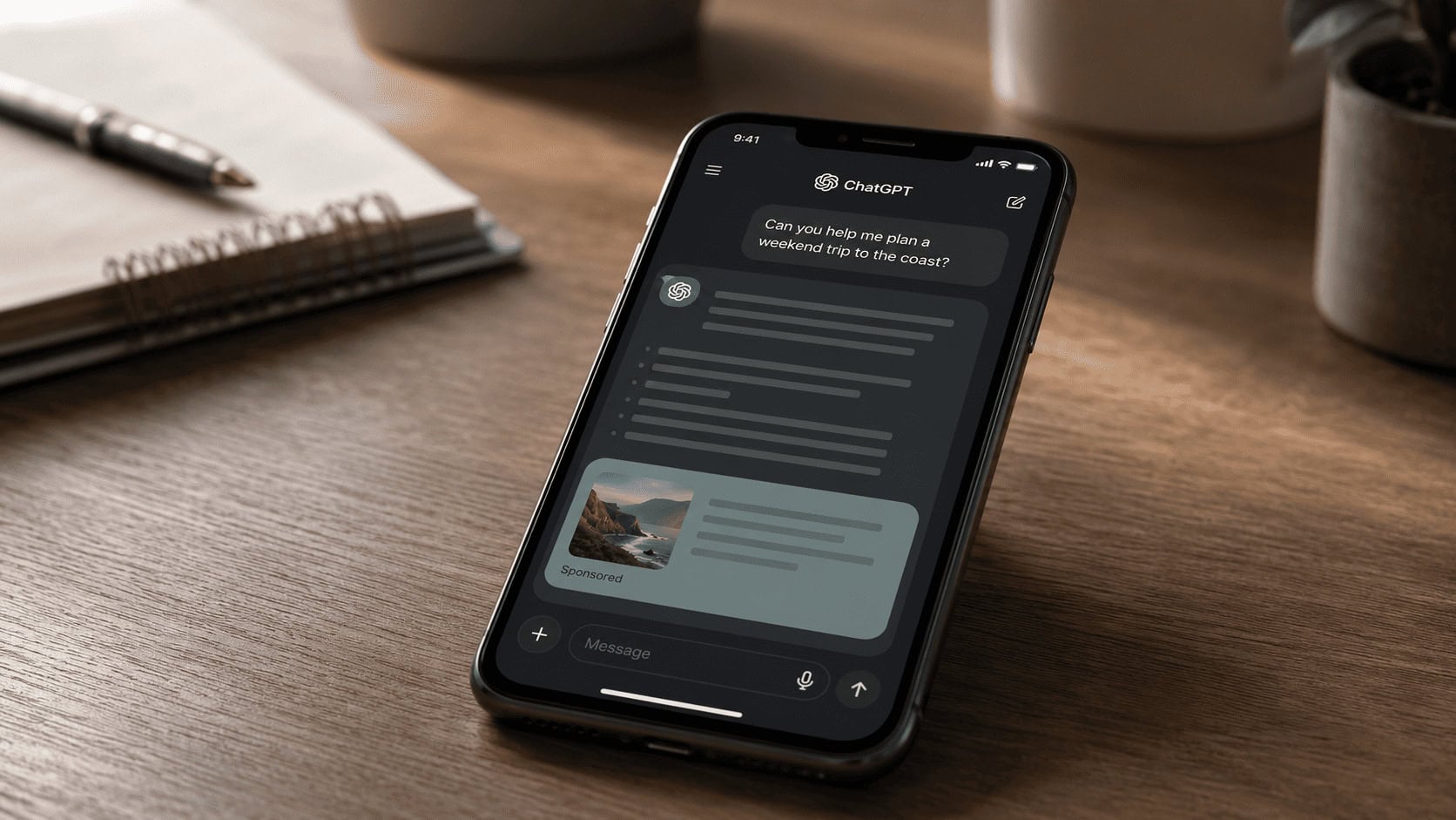 Smartphone showing the ChatGPT interface with a labeled sponsored ad box below a response, illustrating OpenAI's new in-chat advertising business