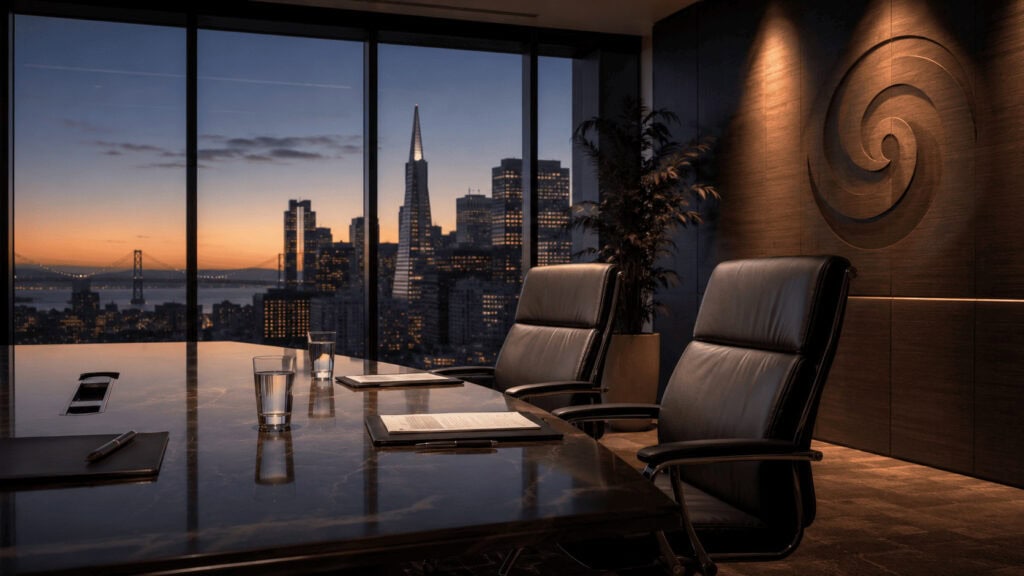 Modern corporate boardroom at dusk with two empty executive chairs added to a long table, evoking OpenAI's board expansion ahead of its IPO