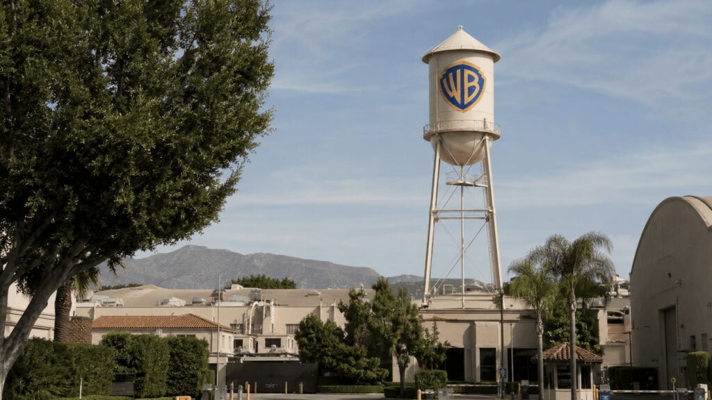 Warner Bros. Studios water tower in Burbank, California, target of a 12-state antitrust lawsuit to block the Paramount merger.