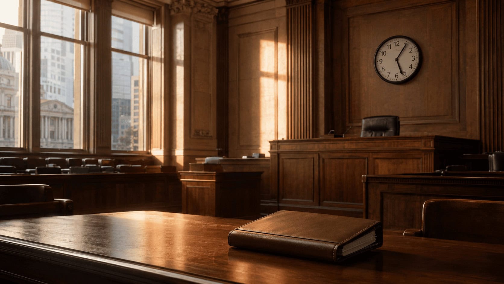 Empty federal courtroom where Paramount's Warner Bros. merger trial will be heard.