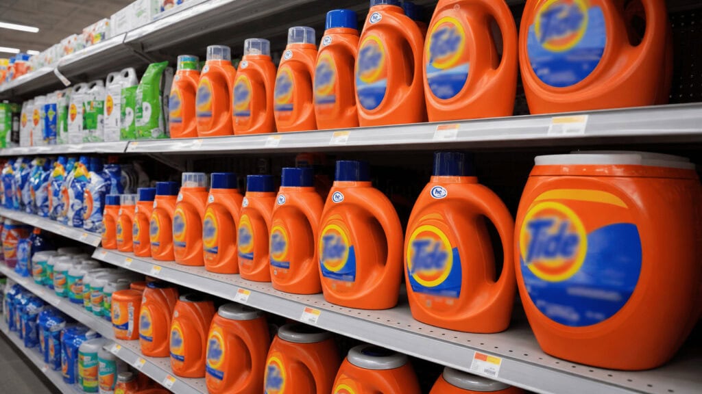 ide detergent bottles in multiple pack sizes lined up on a supermarket shelf.