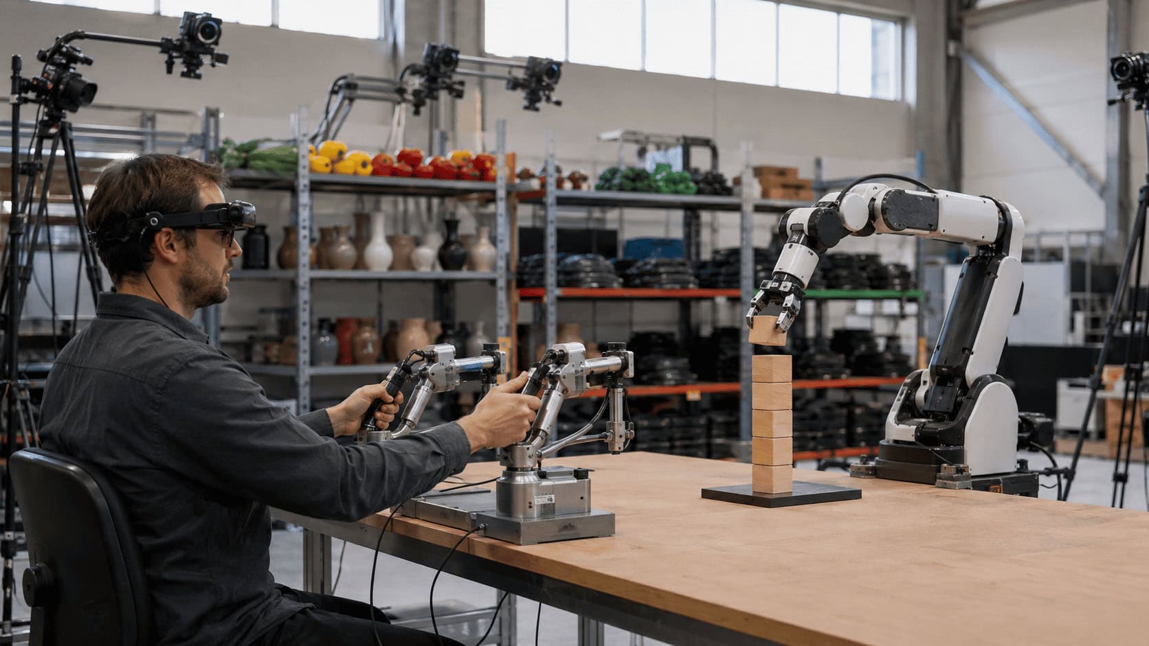 Human operator wearing a camera headset controls robotic arms stacking blocks in a physical AI training data facility