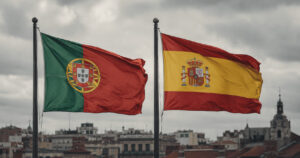 Portugal and Spain national colors split across a football stadium representing their economic comparison