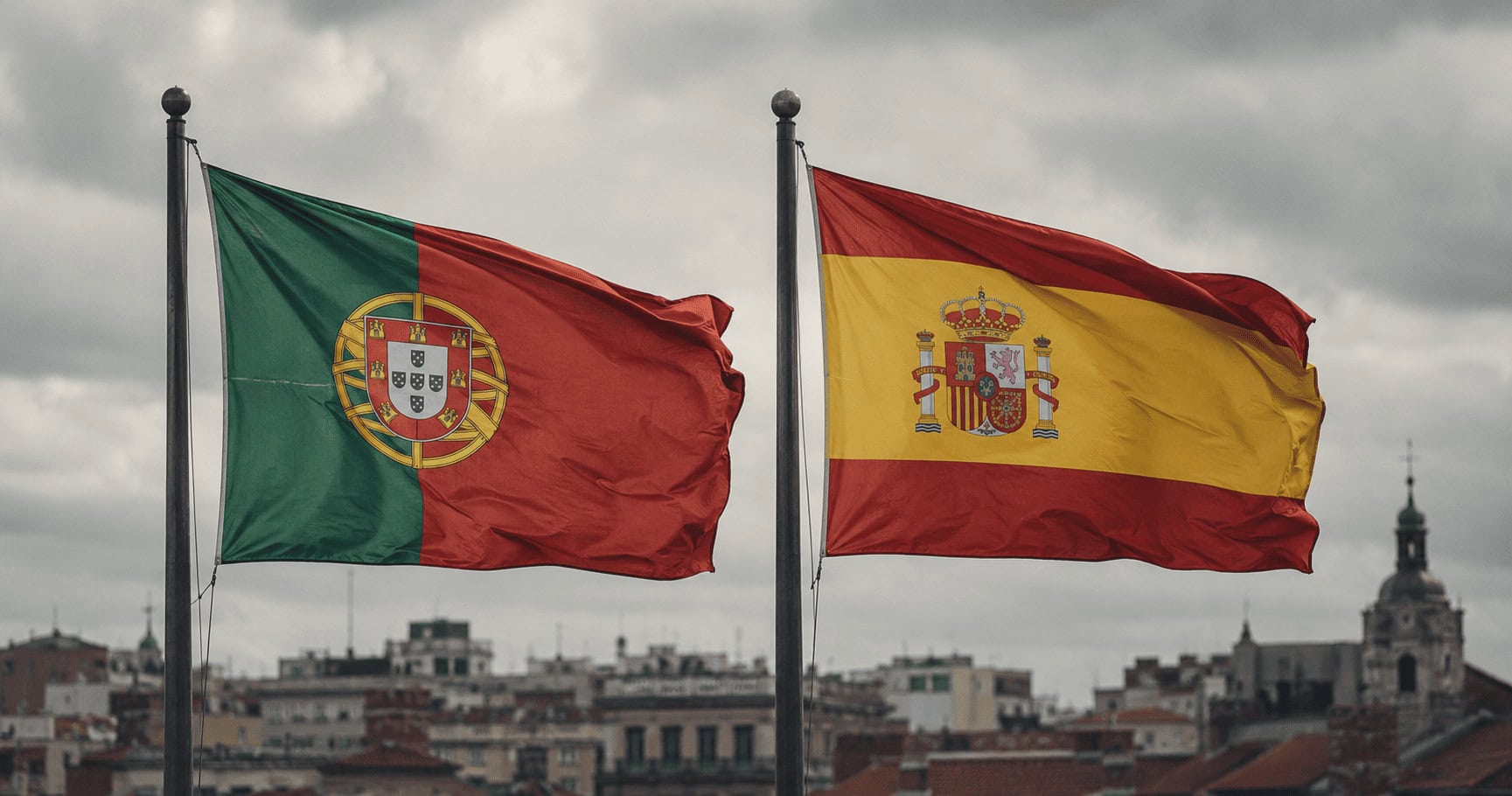 Portugal and Spain national colors split across a football stadium representing their economic comparison
