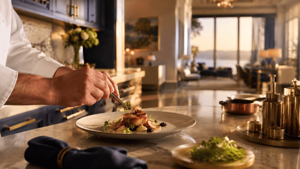 Private chef plating a fine-dining dish in a luxury estate kitchen